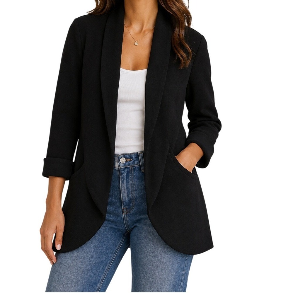 French Mauve Black Open Front Shawl Collar Blazer Jacket Women's Large